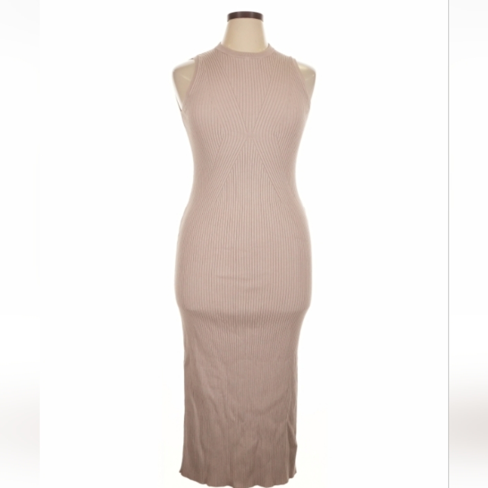 Bershka Ribbed Knit Midi Dress Tan Sleeveless XL New With Tags - Picture 5 of 14